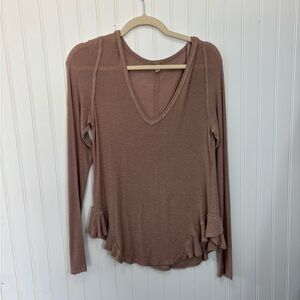 Intimately Free People Mauve V-Neck Long Sleeve Top with Ruffle Hem